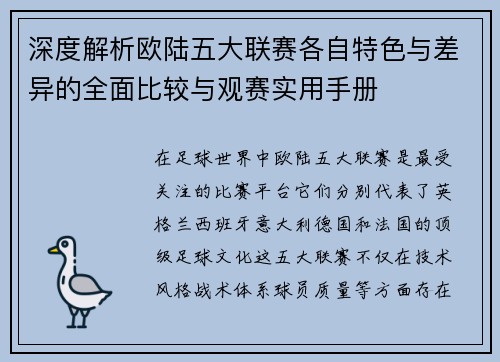 深度解析欧陆五大联赛各自特色与差异的全面比较与观赛实用手册 深度解析欧陆五大联赛各自特色与差异的全面比较与观赛实用手册