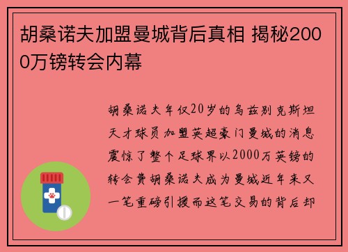 胡桑诺夫加盟曼城背后真相 揭秘2000万镑转会内幕 胡桑诺夫加盟曼城背后真相 揭秘2000万镑转会内幕