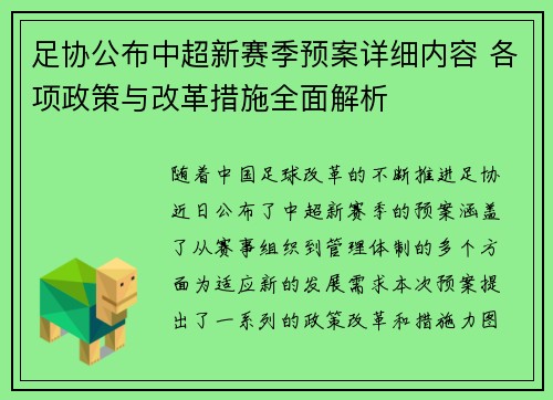 足协公布中超新赛季预案详细内容 各项政策与改革措施全面解析